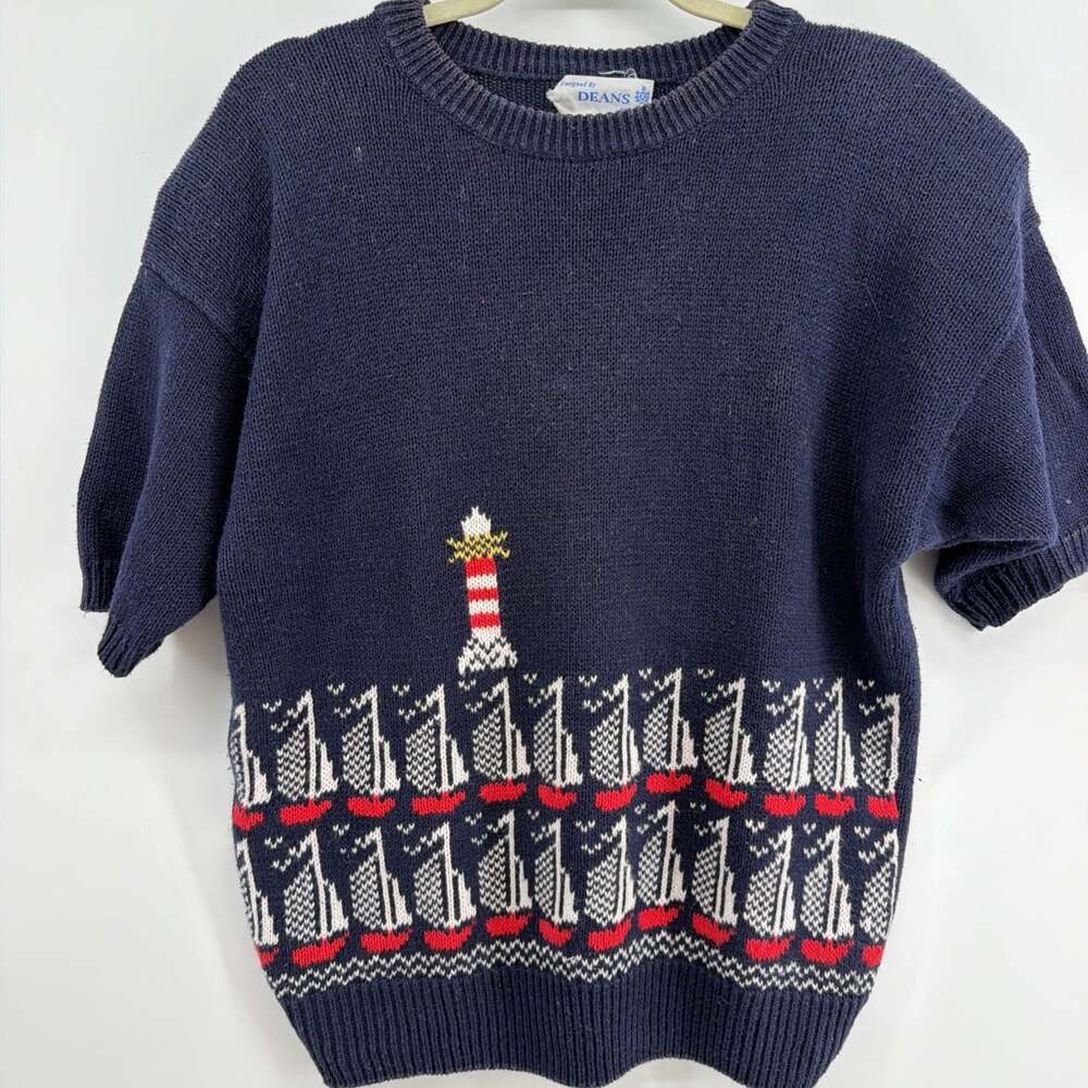 VTG Deans Of Scotland Sweater Womens XL Nautical Short Sleeve Sail Boats Navy